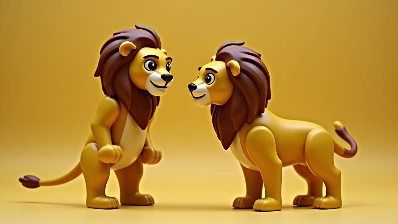 two cartoon lions facing each other, vibrant yellow background, playful and cute style, eye-level perspective