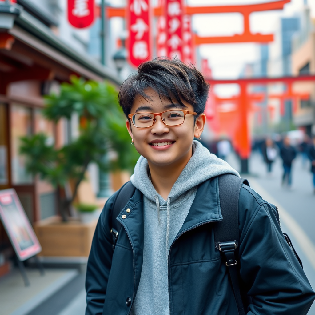 A person with glasses and a backpack smiles in a vibrant street with red banners.