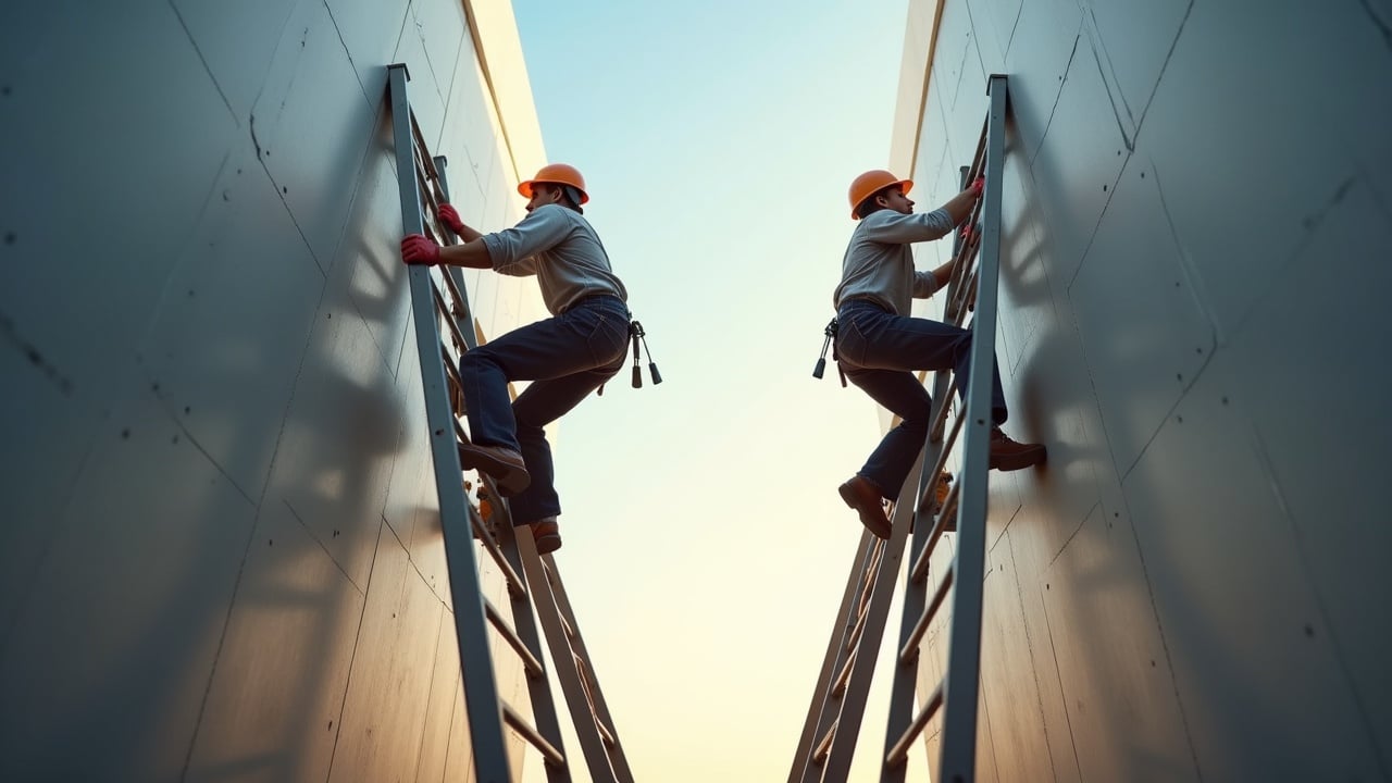 In a photorealistic scene, two workers are climbing two different ladders next to each other. The worker on the left struggles with wider rungs, while the worker on the right ascends confidently due to the closer rungs. The background features a soft sunset, giving warmth to the scene. Both workers are wearing safety gear, emphasizing a focus on safety in construction. This image highlights the importance of proper equipment and its impact on workers' performance.