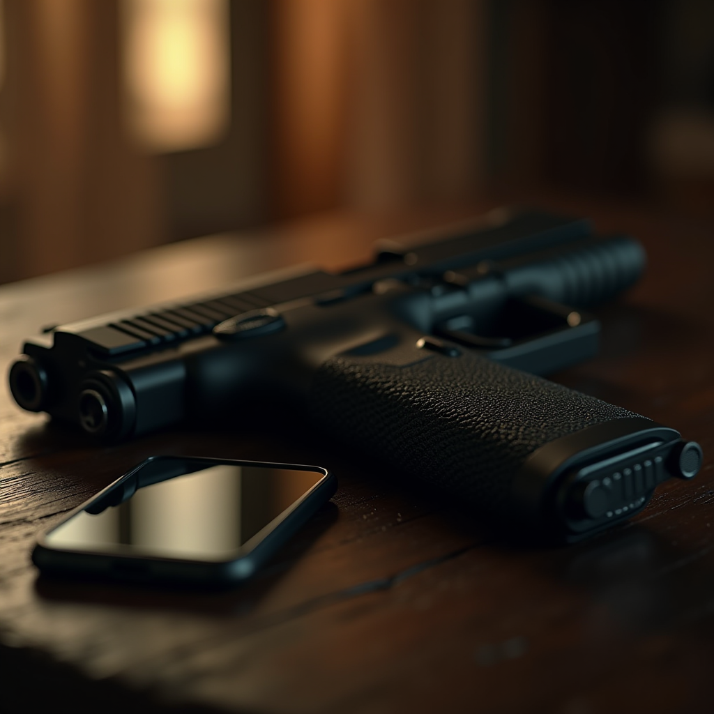 A close-up of a black handgun on a wooden table next to a smartphone, creating a dramatic juxtaposition.