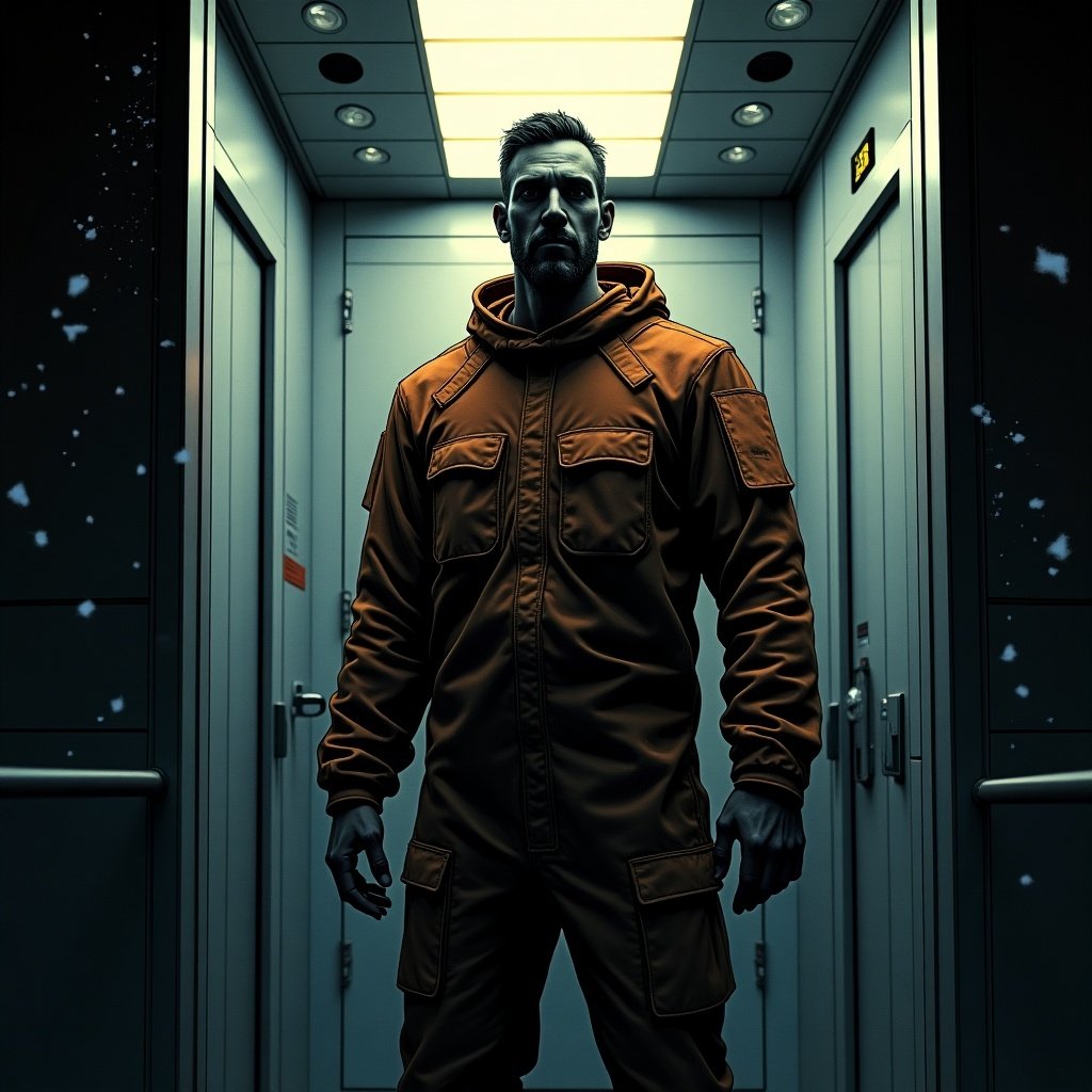 A brutal man with short stubble is dressed in protective overalls, standing imposingly in the elevator of a space station. The atmosphere is dark and intense, with noir comic style influences and translucent outlines. The lighting is dramatic, featuring cold tones juxtaposed with warm orange accents. His stance and expression convey a sense of power and mystery. The setting amplifies the tension and suspense, making it a compelling visual for sci-fi themes.