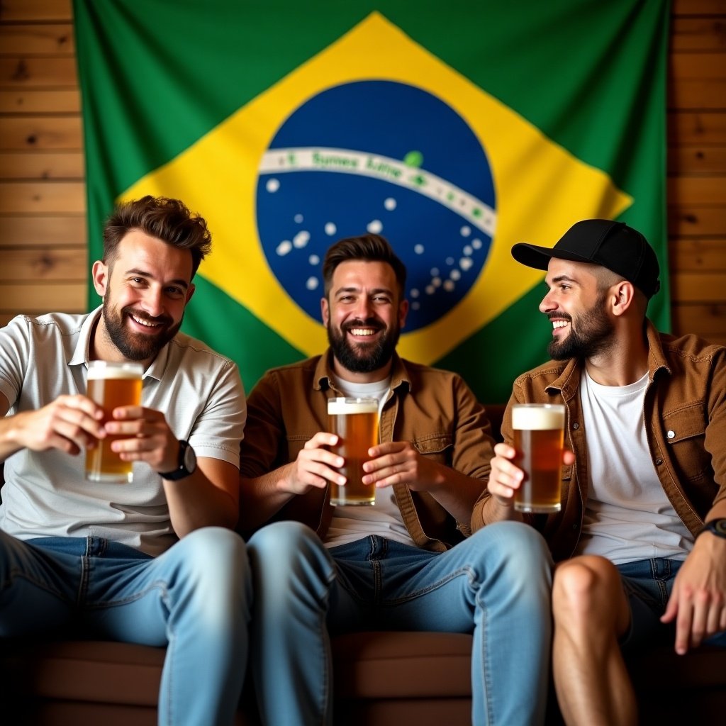 Three men are enjoying a casual gathering while sitting on a comfortable couch. They are holding glasses of beer, smiling, and looking at each other. Behind them is a large Brazilian flag, adding a festive touch to the scene. The lighting is warm and inviting, creating a relaxed atmosphere. This gathering seems to reflect a celebration or friendly meeting among close friends.