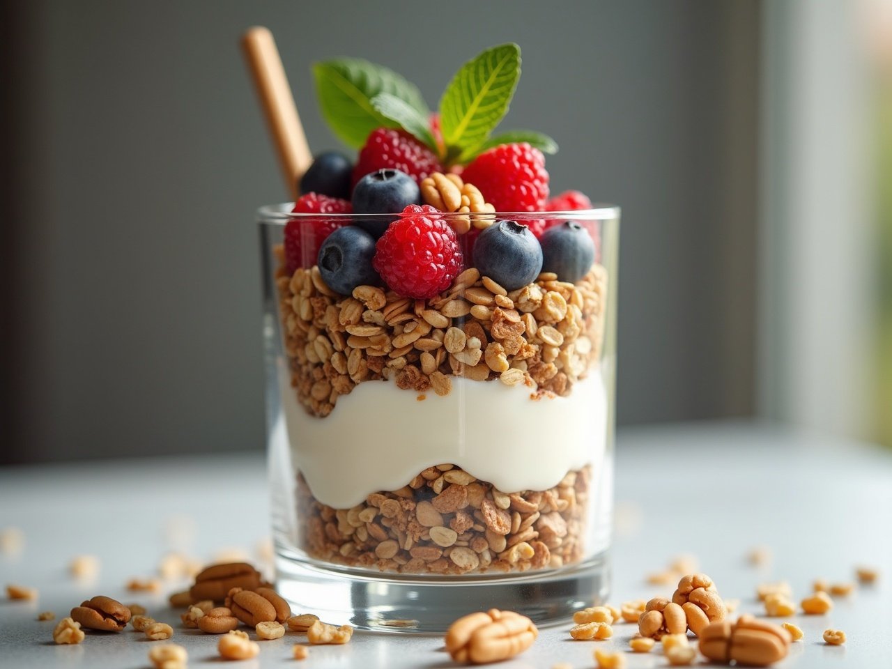 This image features a delicious serving of granola with yogurt. It is layered with fresh berries like raspberries and blueberries. Chia seeds and walnuts add to the texture and flavor. Honey is drizzled for sweetness. The presentation is in a large, transparent glass, showcasing the colorful layers beautifully.