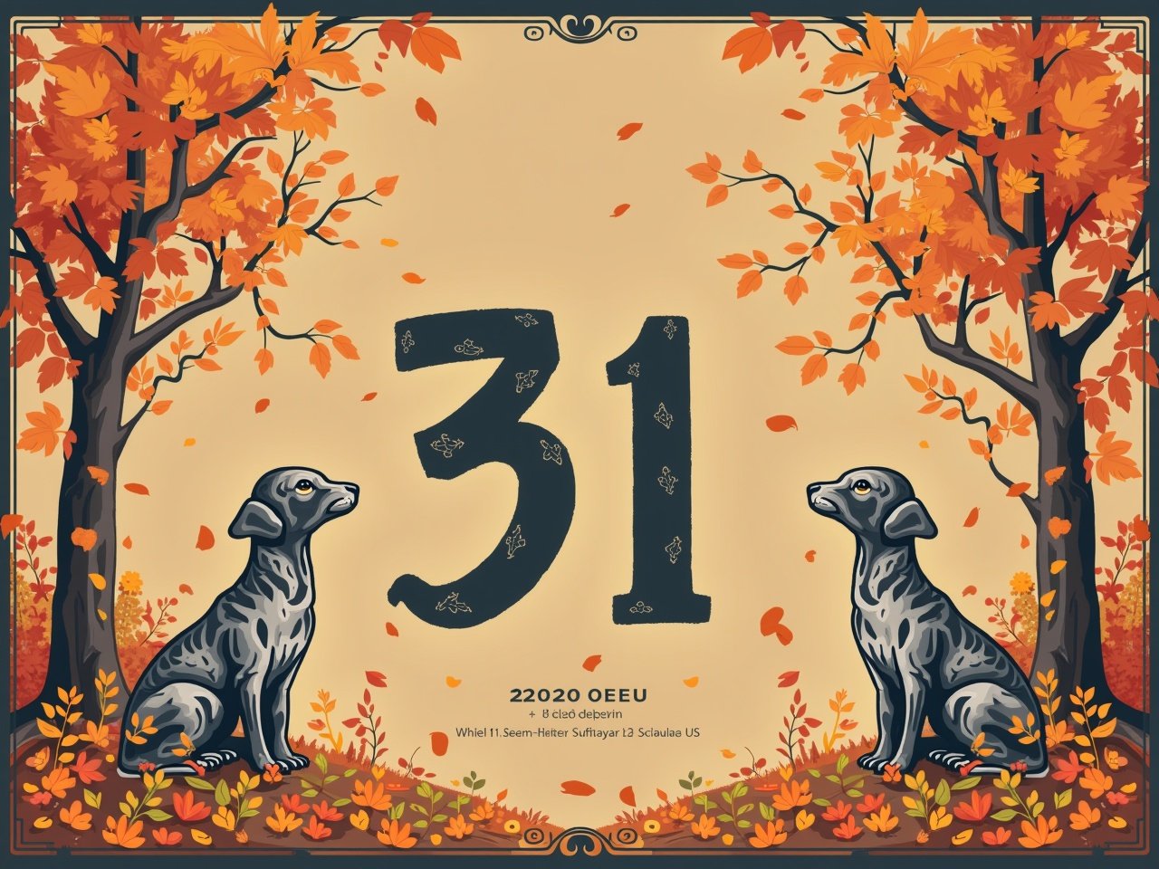 The image features a charming illustration depicting a serene autumn scene. At the center, the large number '31' stands out prominently. Flanking the number are two attentive dogs gazing towards the viewer. The background is filled with vibrant orange and yellow leaves, indicative of the fall season. Trees on either side are adorned with colorful foliage. The overall mood evokes warmth and a sense of companionship, perfect for the autumn season.