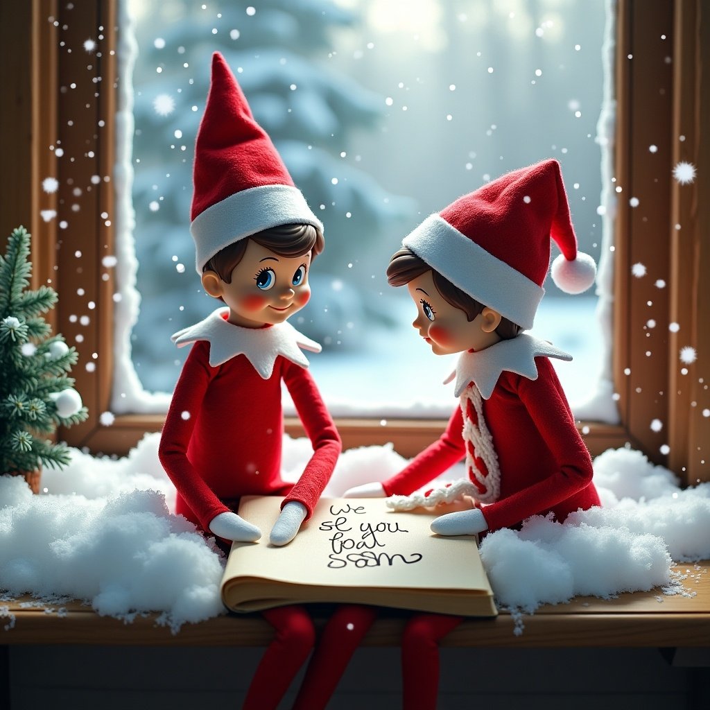 This image features two charming Elf on the Shelf dolls sitting together on a snowy windowsill. They are engaged in writing a note in a large book with the words 'We See You Soon Megan and Sam.' The scene is set in a cozy, wintry environment with snow gently falling outside the window. The elves, with their red outfits and joyful expressions, evoke a festive spirit. Soft, natural light creates a warm atmosphere, enhancing the magical feel of this holiday moment.