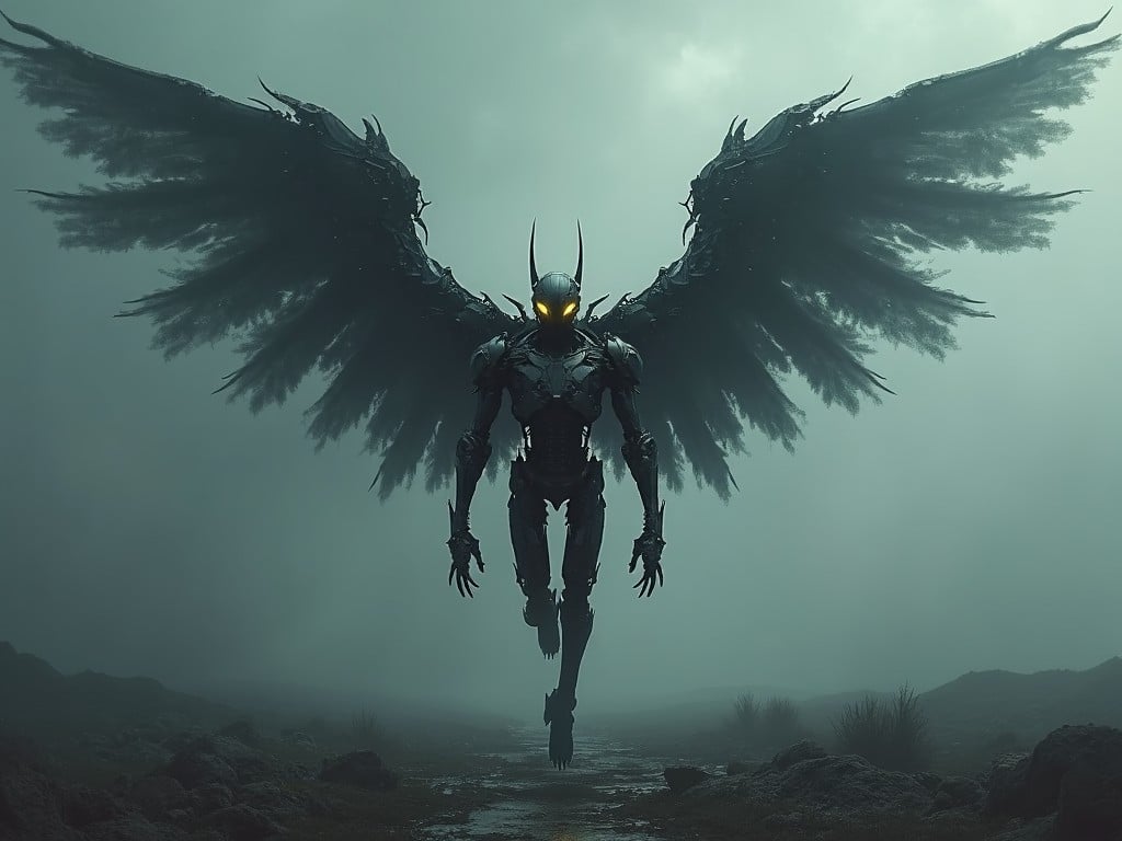 The image features a mechanical angel of death hovering in a misty environment. This figure has large, dark wings that seem to blend with the surrounding fog, giving it a ghostly appearance. The angel's eyes emit a bright electric yellow glow, adding an eerie contrast to its mechanical body. The landscape is desolate, with muted colors that enhance the somber mood. This piece could represent themes of life, death, and the intersection of technology and spirituality.