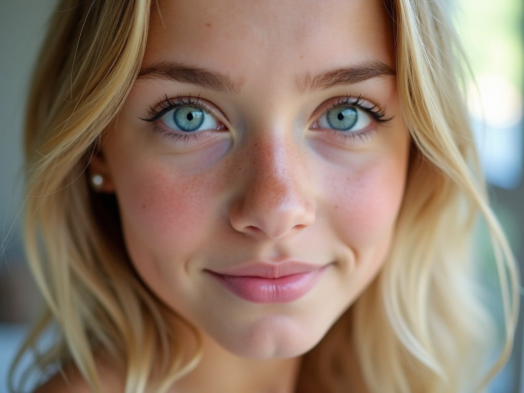 The image showcases a close-up portrait of a young girl with blonde hair and striking blue eyes. Her skin is smooth with subtle freckles, giving her a fresh and youthful appearance. The lighting is soft and natural, enhancing her features without harsh shadows. She has a gentle smile that conveys warmth and approachability. The background is softly blurred, emphasizing her as the main subject of the image.