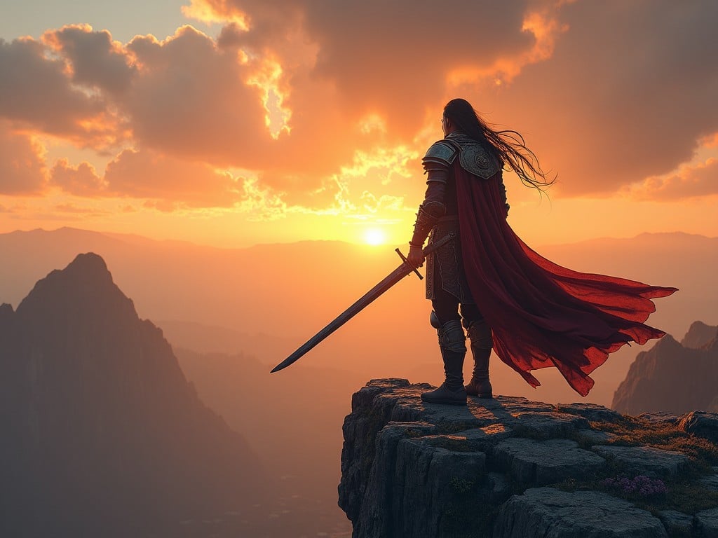 A warrior stands on the edge of a cliff, gazing into a stunning sunset. The warrior is adorned in detailed armor and a flowing red cape, exuding strength and determination. The landscape features majestic mountains and a warm orange sky. The sunlight creates a dramatic effect against the warrior's silhouette. This scene captures a moment of reflection before battle, highlighting both beauty and valor.