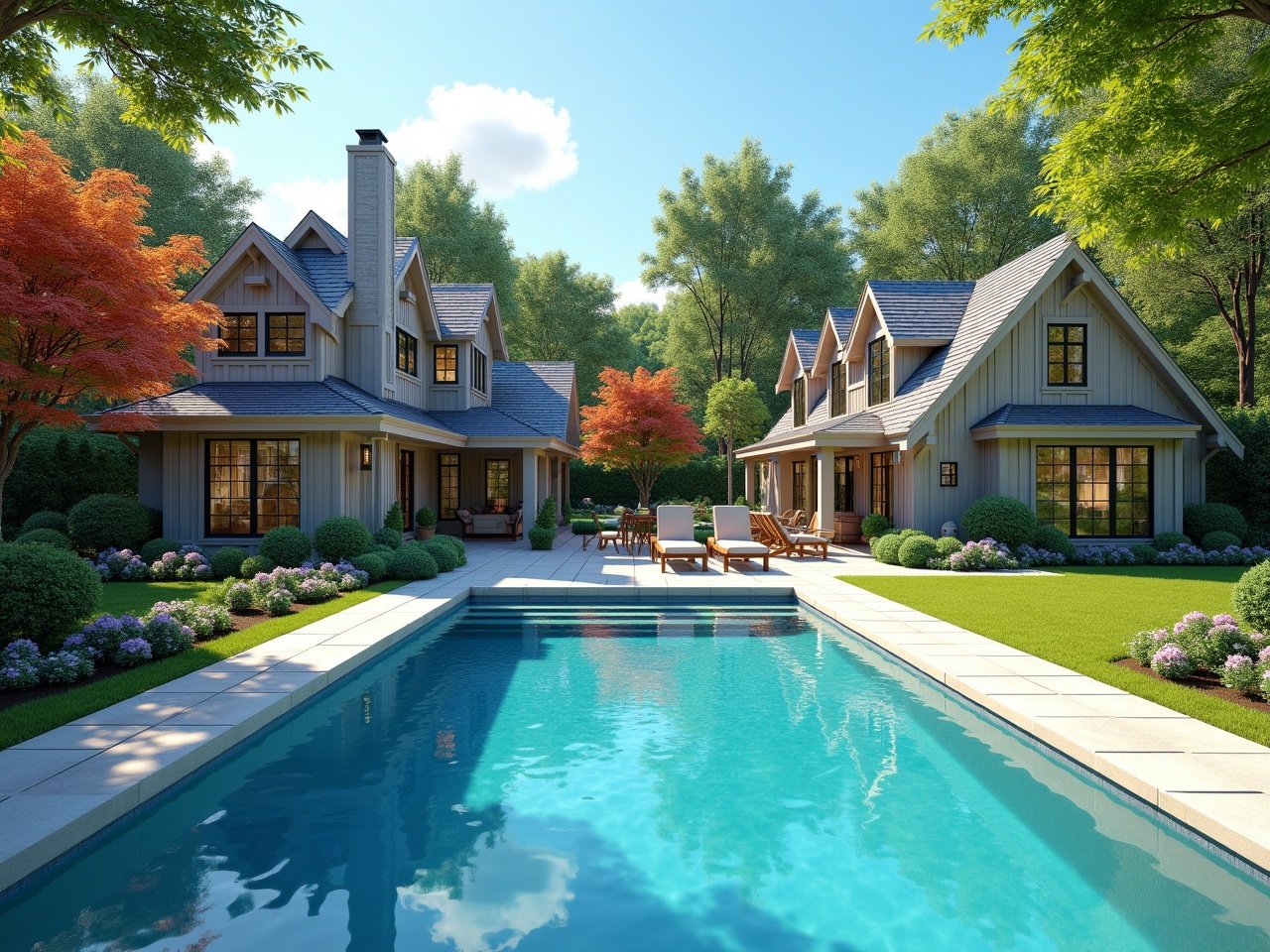 Enhance the image to make the houses appear more realistic and polished while keeping the same positioning. Ensure the trees look lush and vibrant, with detailed textures and colors. The pool should have a clearer, more inviting blue color, reflecting sunlight to give a glistening effect. Maintain all the original elements including the surrounding landscape and the layout, but update the surfaces to convey a more realistic appearance. The overall scene should remain in the same layout but with a cleaner, more appealing aesthetic.