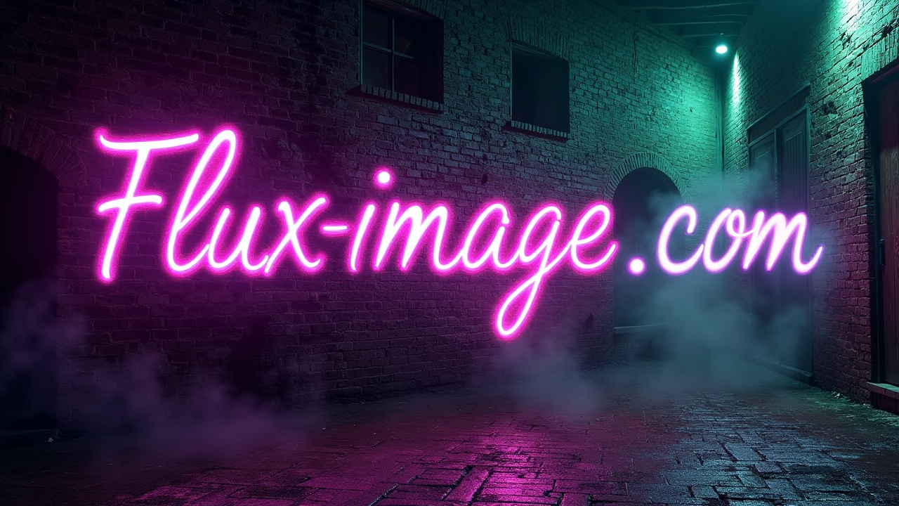 A neon sign reading 'Flux-image.com' glows in a misty, brick alleyway.