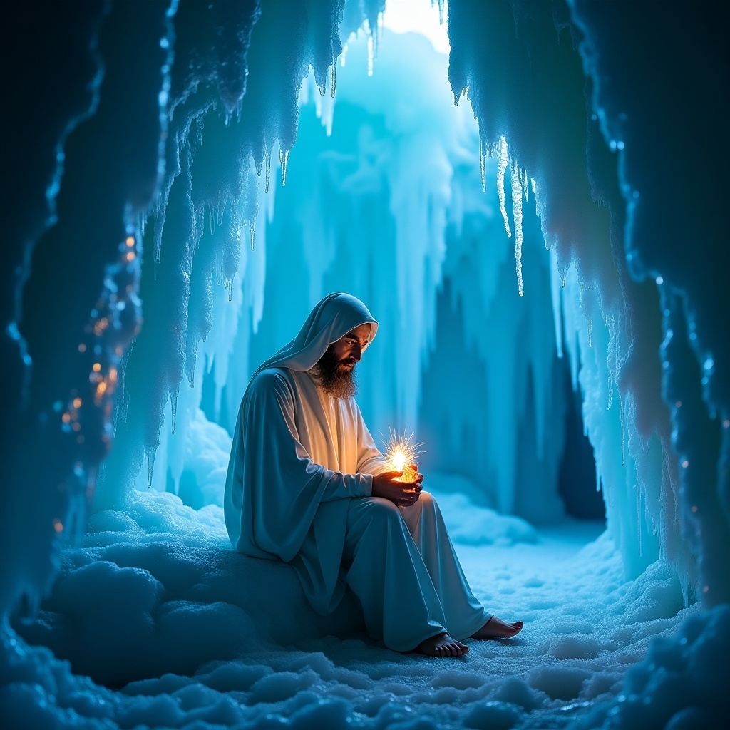 The image depicts a religious figure sitting in an ice cave, surrounded by shimmering ice formations. The scene is illuminated by a cool blue light, creating a stark contrast against the warm glow of the object in the figure's hands. This figure appears to be deep in thought, symbolizing solitude and spiritual reflection. The intricate details of the ice formations add to the mystical atmosphere of the cave. Overall, the image evokes a sense of peace and introspection in a serene environment.