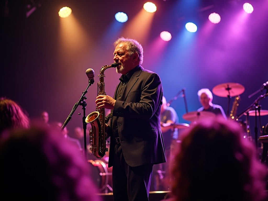 A lively concert scene featuring a saxophonist performing on stage. The stage is illuminated with vibrant colored lights creating a dynamic atmosphere. The musician is passionately playing his instrument, surrounded by members of the band in the background. This image captures the energy and emotion of a live jazz performance. The audience is visible in the foreground, enjoying the music and engagement of the artist. The setting evokes a sense of celebration and joy associated with live music.