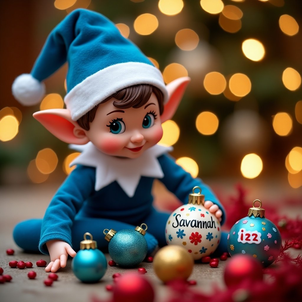 The image showcases a cute elf dressed in blue, playfully writing names on colorful Christmas baubles. The elf has large, expressive eyes and a cheerful smile. In the background, there is a soft focus of shimmering Christmas lights on a tree. Surrounding the elf are various ornaments, with two specific baubles saying 'Savannah' and 'izzy'. The scene evokes a warm and festive atmosphere, perfect for the holiday season. It's a delightful representation of Christmas traditions and celebration.