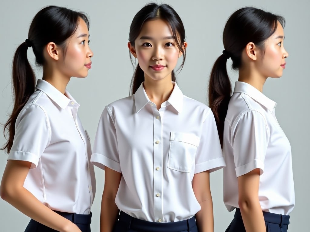 The image features a beautiful Asian girl wearing a plain white uniform shirt. She is presented in three views: left-side, front, and right-side. Her hair is styled in a simple ponytail, and she is not wearing any accessories. The focus is on her expression and the uniform, captured in soft, spotlighted lighting. The overall tone of the image is clean and professional, ideal for a fashion or educational context.