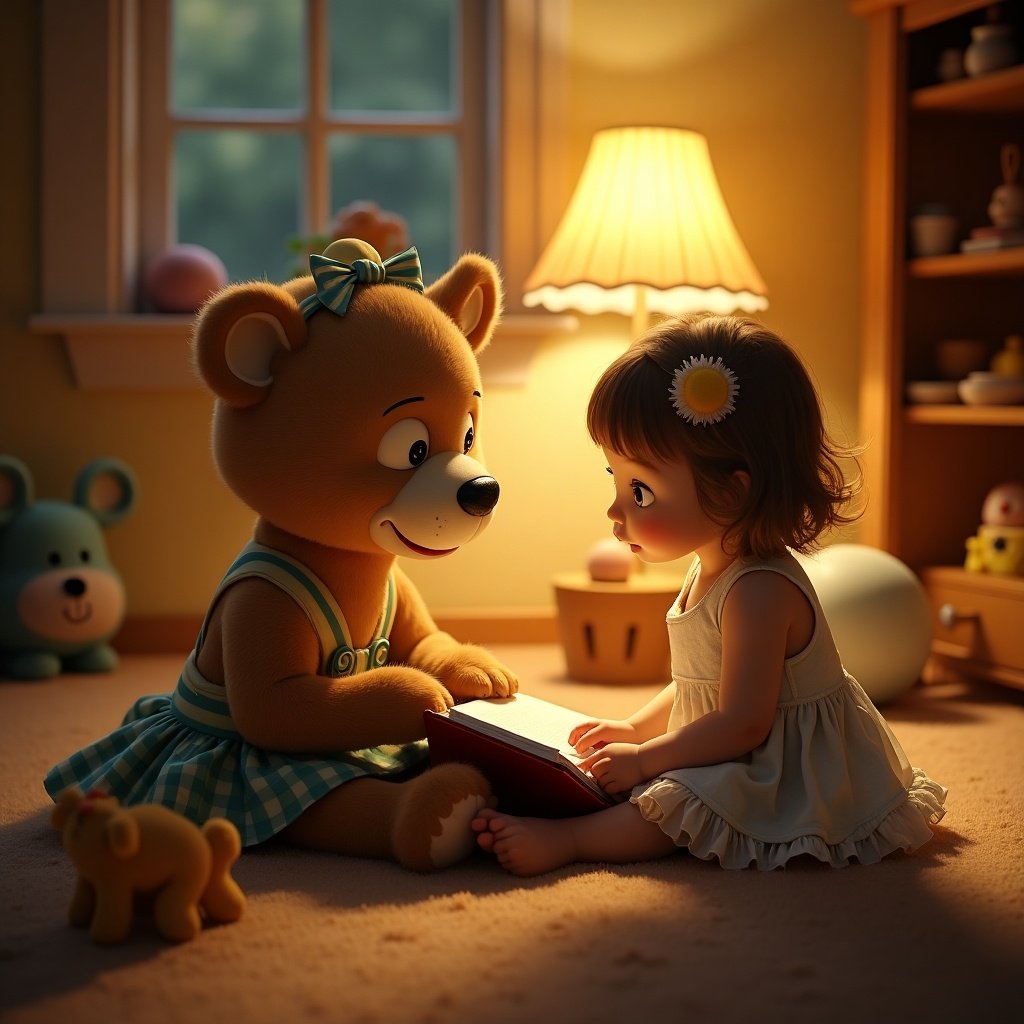 The scene is set in a cozy children's room, illuminated by a glowing lamp that casts a warm light. A friendly teddy bear, dressed in a frilly skirt and bow, sits with a young girl on the floor. They are engaged with a storybook, and the girl's expression shows wonder and curiosity. The room features playful toys scattered about, creating a whimsical atmosphere. Soft shadows add to the inviting warmth of the space, showcasing the innocence and joy of childhood reading.