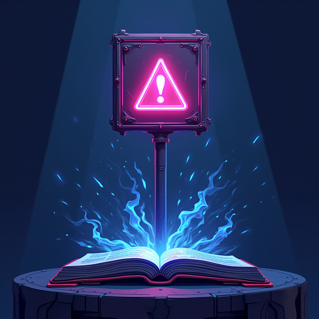 An open book emits glowing blue energy, highlighting a neon exclamation sign above.