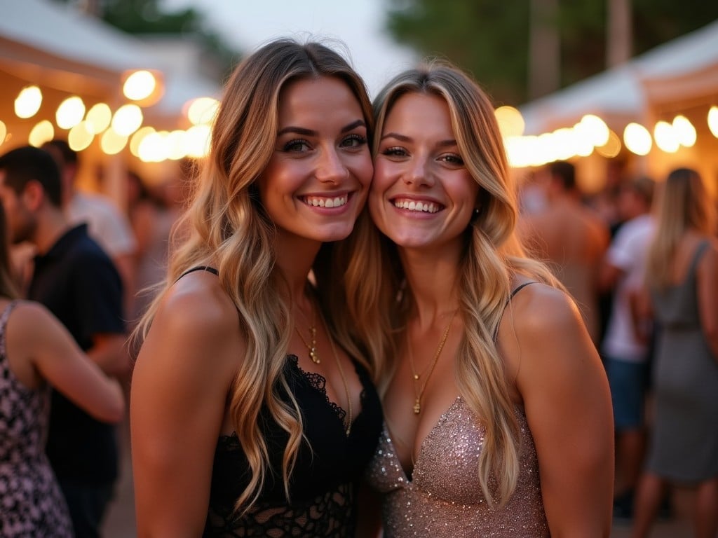 Two young women are standing together in a lively outdoor setting under string lights. They are smiling and posing closely for a photo, with joyful expressions on their faces. The woman on the left has long, wavy hair and is wearing a black lace outfit, while the woman on the right has a sparkling dress and long blonde hair. As they share a moment, they lean in to give each other a friendly kiss on the cheek. The background is slightly blurred but filled with other happy people enjoying the event.