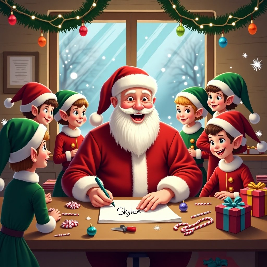 This is a joyful Christmas scene inside a workshop. Santa Claus is surrounded by cheerful elves, all smiling and engaged in festive activities. The elves are wearing green hats and red outfits, while Santa is dressed in his classic red suit. Brightly wrapped presents are scattered around the table, adding to the holiday spirit. Candy canes and colorful ornaments decorate the scene. Snow is visible through the cheerful window, implying a cozy winter atmosphere. Warm lights and decorations enhance the festive mood, and Santa is writing the name Skylee.