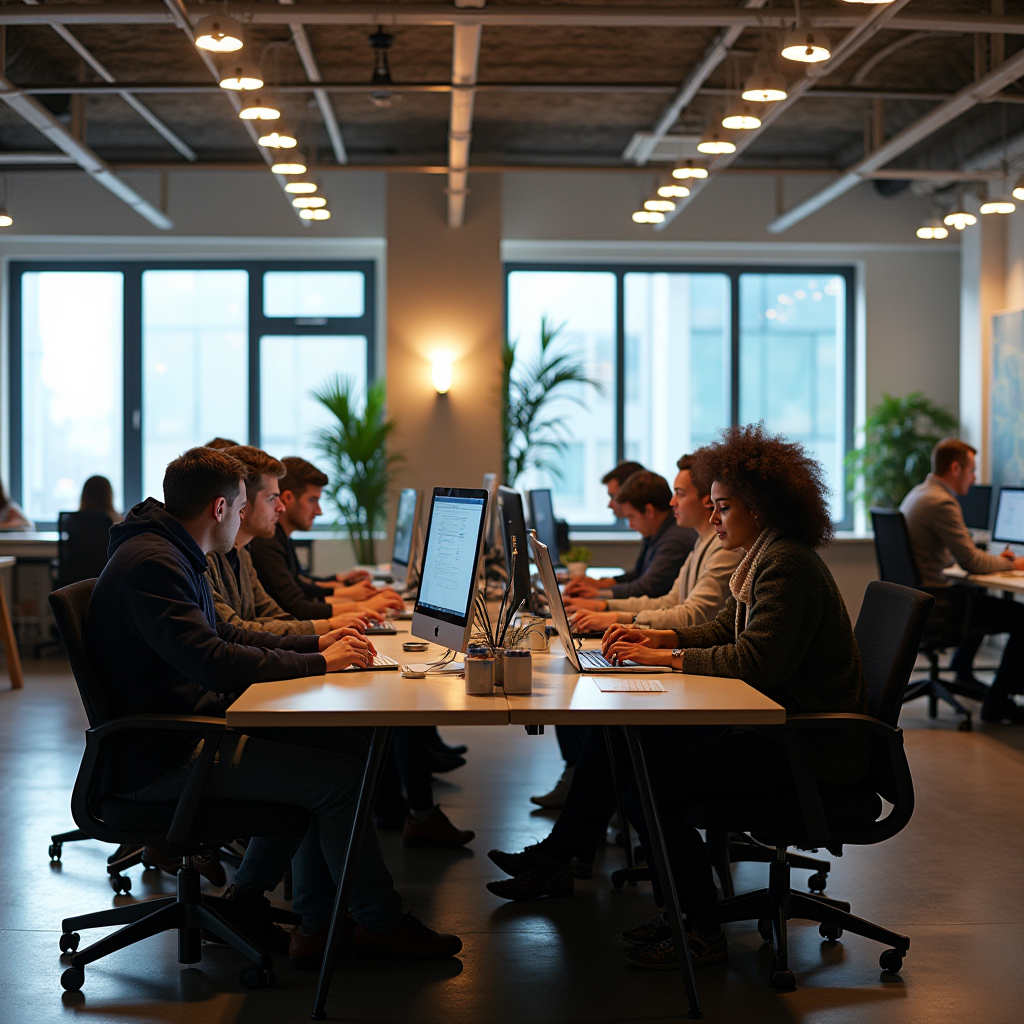 The image showcases a modern office space with an open-plan layout. Several people are seated at long desks equipped with computers, indicating a collaborative work environment. The ambiance is well-lit with natural light streaming in through large windows. Overhead, rows of stylish hanging lights add to the contemporary feel. Green plants are placed strategically around the room, contributing to a refreshing and lively atmosphere. The office exudes a professional yet casual vibe, with a diverse group of individuals focused on their tasks.