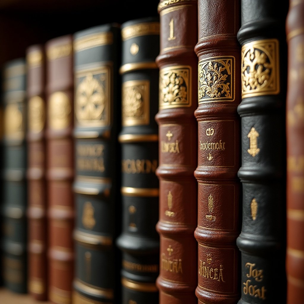 This image features a close-up view of a beautifully arranged bookshelf filled with leather-bound books. The books are of various colors, each adorned with intricate gold embossing on their spines. The warm lighting casts a soft glow, enhancing the luxurious appearance of the leather. The focus is on the detailed craftsmanship of the bindings. This scene evokes a sense of nostalgia and intellectual pursuit, perfect for showcasing literature and education.