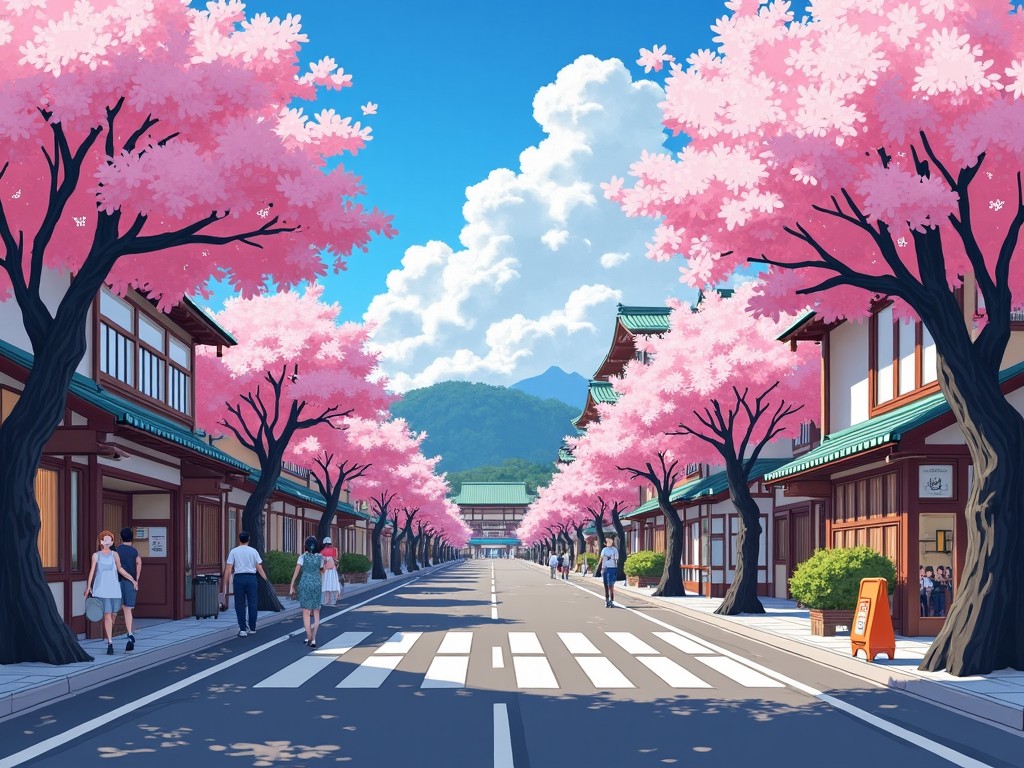 A vibrant street scene lined with cherry blossom trees, traditional Japanese buildings, and a bright blue sky, capturing the essence of spring in Japan, with people walking around.