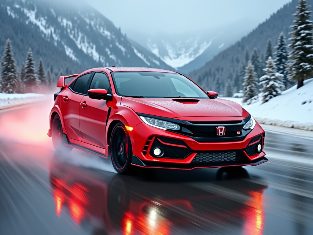 A red sports car speeding on an icy road in a snowy mountain landscape, with motion blur and reflection on the road surface.