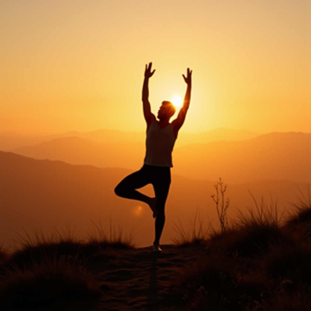 A silhouette of a person performing a yoga pose on a hilltop at sunset, with mountains in the background and a warm orange sky.