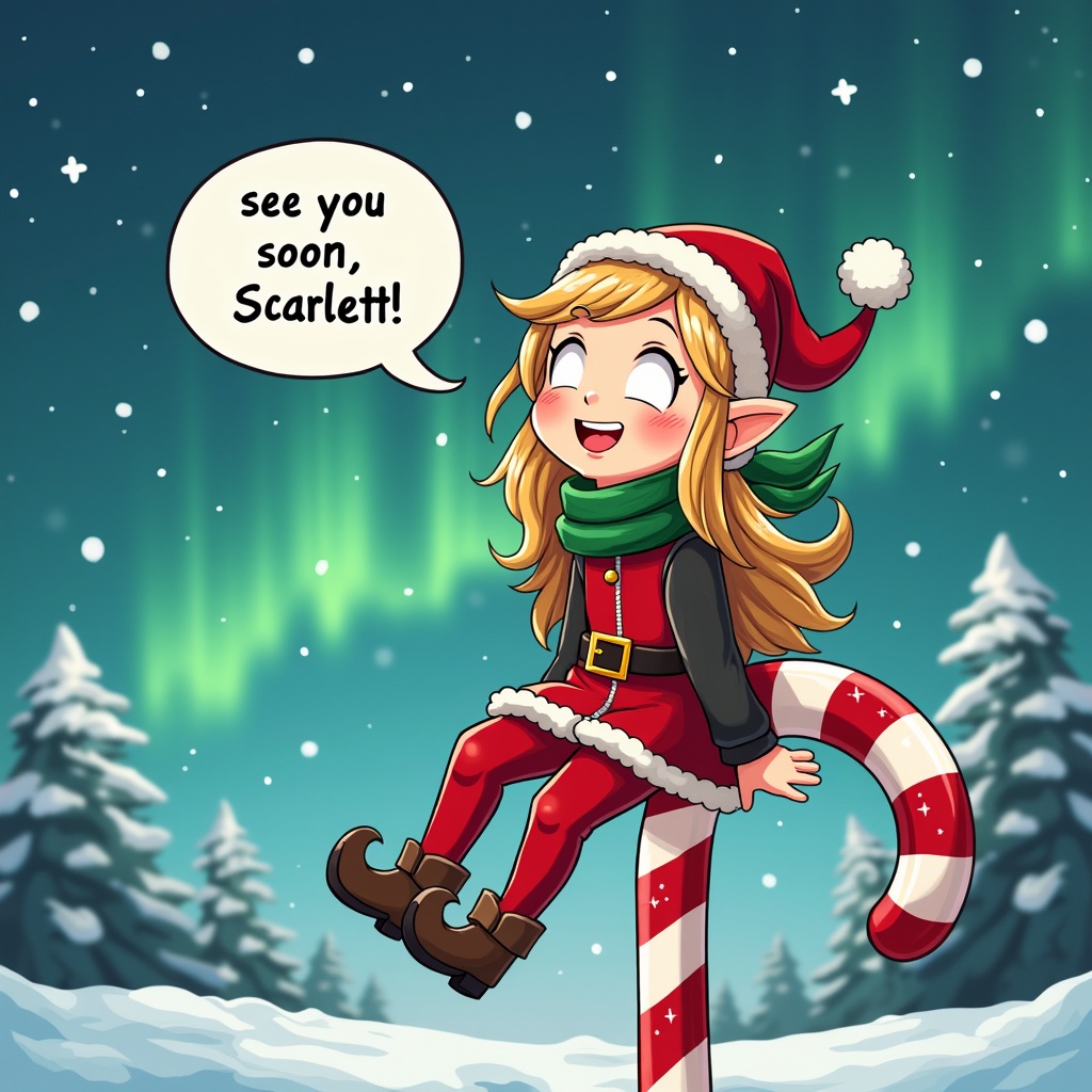 This illustration depicts a cheerful female elf with long hair wearing a festive outfit. She is happily sitting on a giant candy cane against a backdrop of the northern lights. The elf has a warm smile and speaks the words "see you soon, Scarlett!". The snowy ground and evergreen trees add to the winter atmosphere. The magical glow from the northern lights enhances the mood, making it a delightful holiday scene.