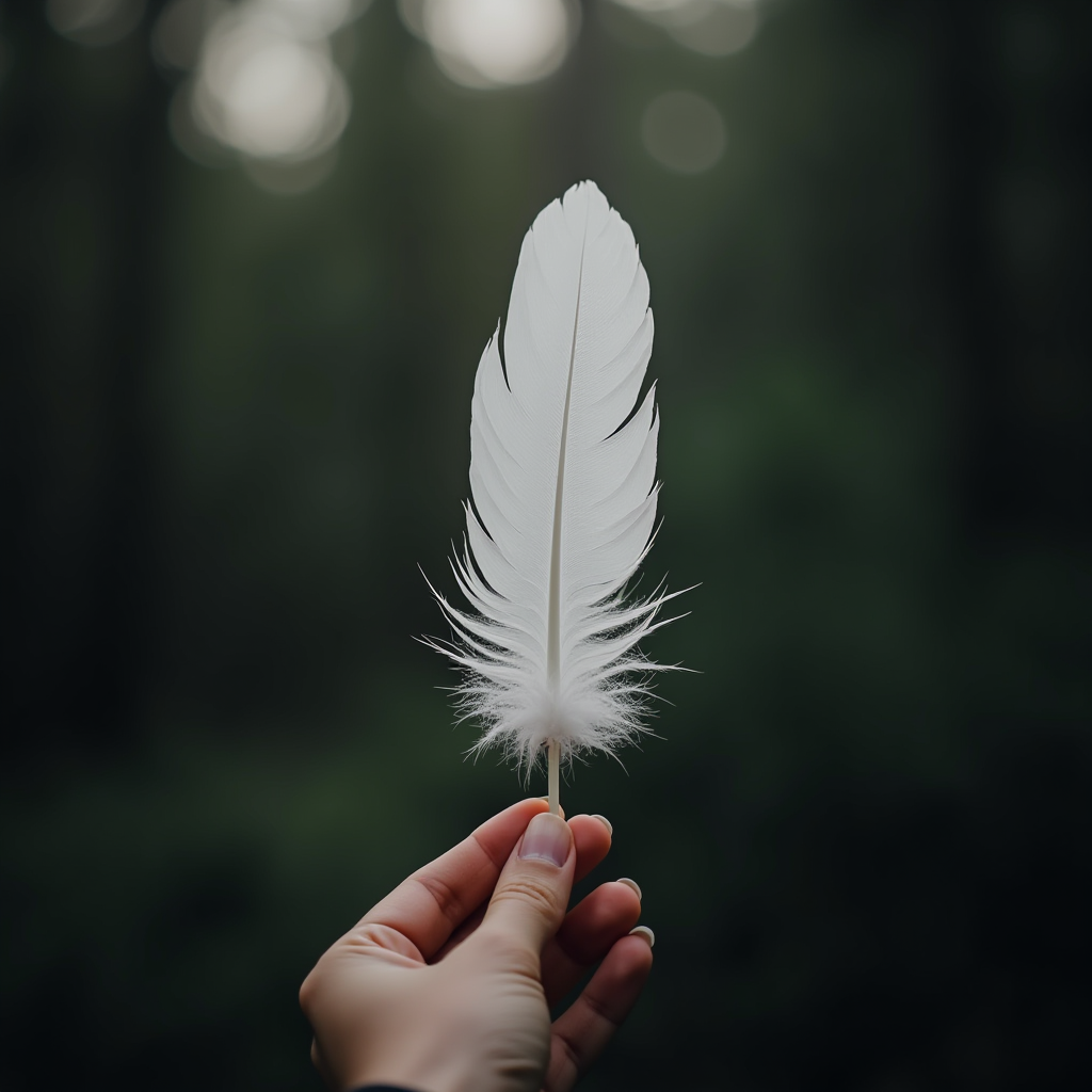 A delicate white feather is held between two fingers against a blurred forest background.