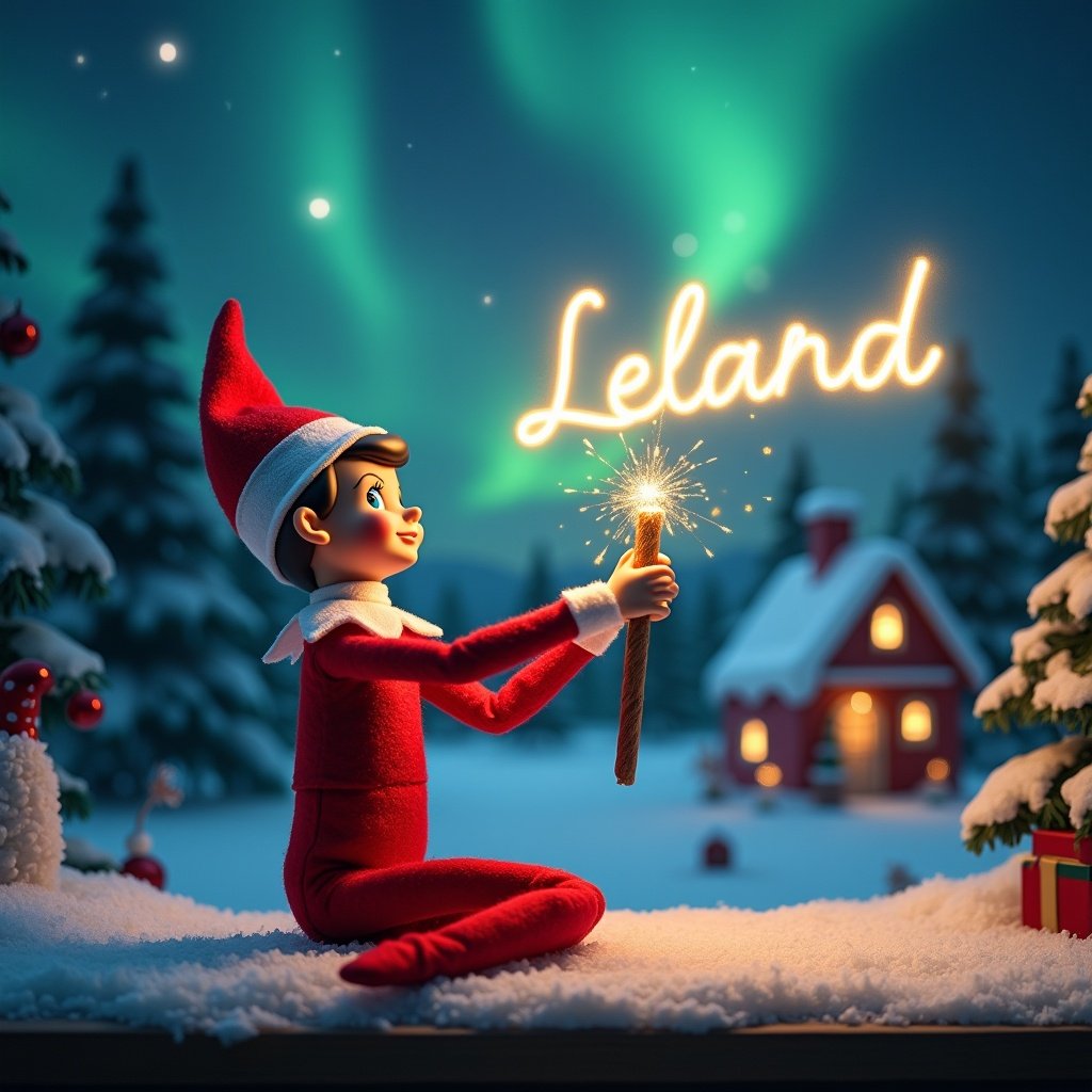 An elf on the shelf is positioned with its back to the viewer, gazing upward. It holds a glowing wand emanating sparkling light. The backdrop features a picturesque Christmas scene, complete with colorful northern lights swirling artistically above. In the distance, a charming house is adorned for the holidays. Snow blankets the ground, enhancing the winter ambiance. The elf's playful posture captures the magic and joy of Christmas, with the name 'Leland' gracefully written in the air by the wand's light.