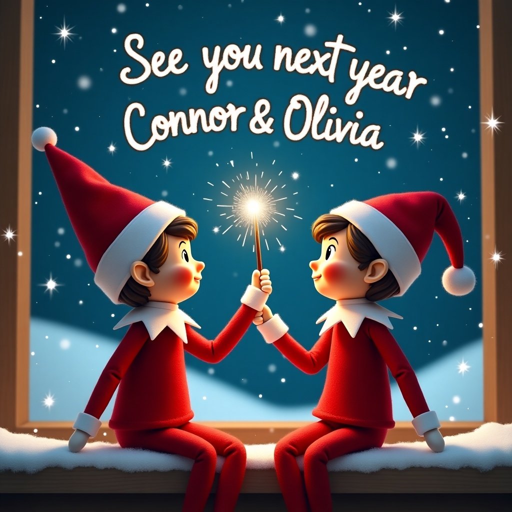 The image depicts a cheerful North Pole scene with two delightful elf characters. A boy and a girl elf, both with brown hair, are dressed in classic red outfits. They sit by a snowy window, gazing up at the night sky filled with twinkling stars. The boy elf holds a magic wand that creates the sparkling words 'See you next year Connor & Olivia' in the air above them. The overall atmosphere is whimsical and magical, perfect for the holiday season. Their expressions are joyful and playful, capturing the spirit of Christmas.