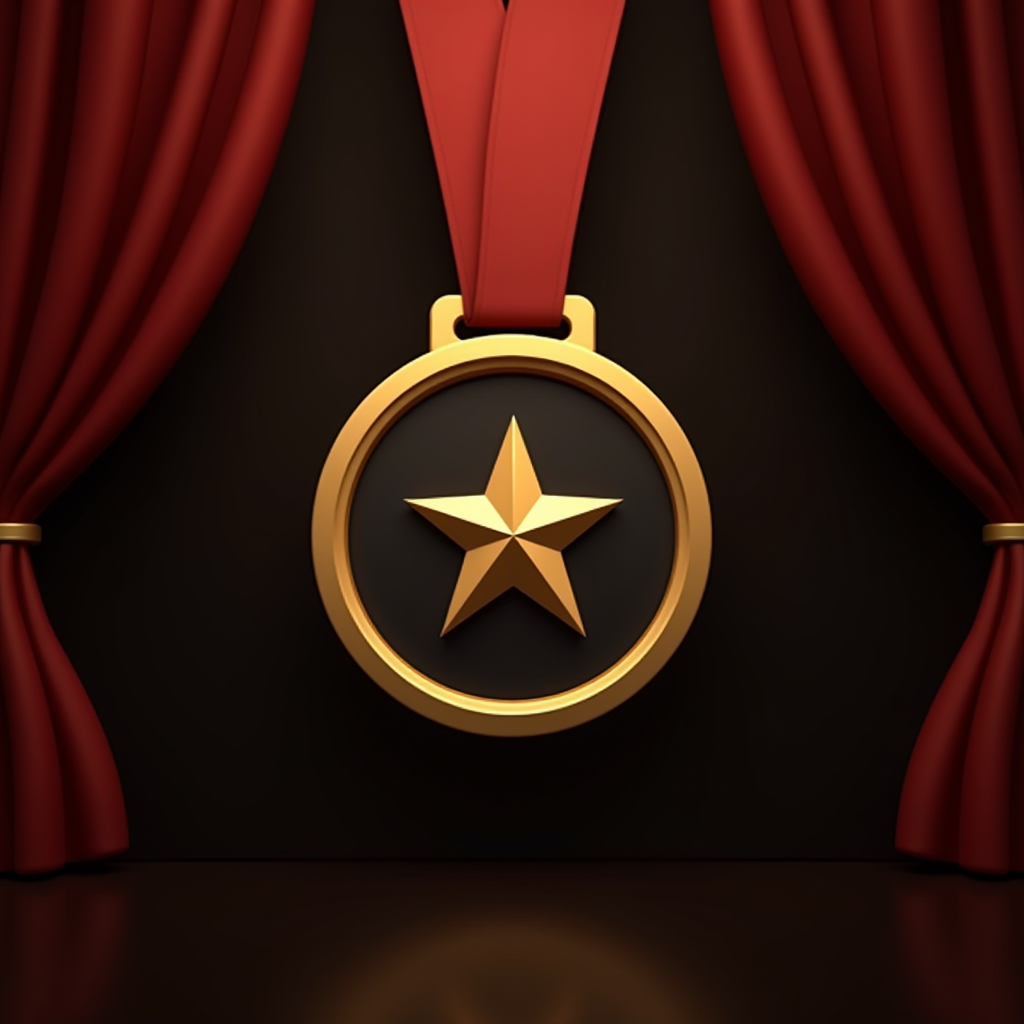 A prestigious gold medal with a star emblem set against dramatic red curtains.