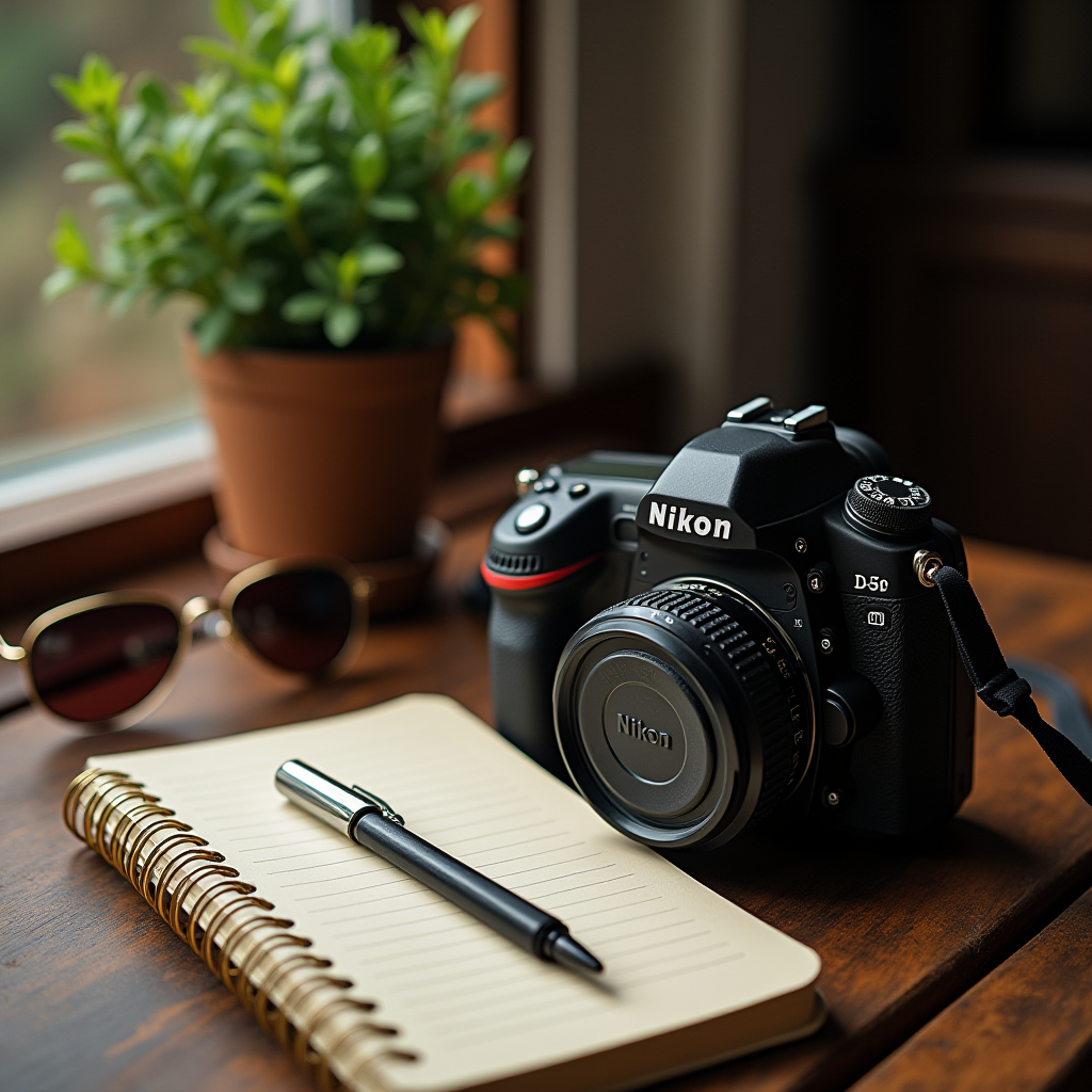 A Nikon camera, a notebook with a pen, sunglasses, and a potted plant on a wooden desk near a window.