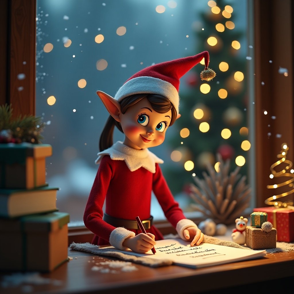 This scene features an adorable brown girl elf from the shelf, dressed in a festive red outfit with a cute elf hat. She is comfortably seated by a window, surrounded by Christmas decorations and presents, as she writes. The elf is using a magical wand to write a name in the sky, adding a touch of whimsy to the holiday atmosphere. The background is softly lit with warm lights, enhancing the cozy and magical feel of the scene. Outside it looks snowy, creating a perfect winter wonderland vibe.