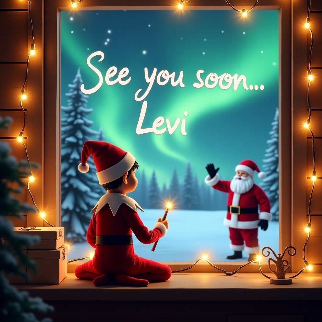 The image depicts a cozy Christmas scene featuring an elf on the shelf. The elf is seated with his back facing the viewer, holding a wand and inscribing 'See you soon, Levi' in the sky. Through the window, a magical snowy landscape filled with northern lights is visible, with Santa Claus waving in the background. The ambiance is enhanced by warm string lights, creating a festive glow. The elf dons a traditional red outfit and hat, embodying the joyful spirit of the holiday. This enchanting depiction celebrates the wonder of Christmas and childhood imagination.