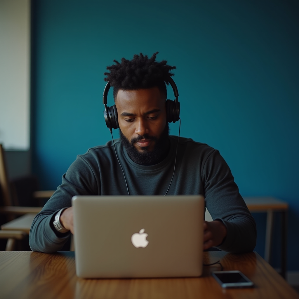 A person deeply engaged with his laptop, wearing headphones, in a modern workspace with a blue wall background.