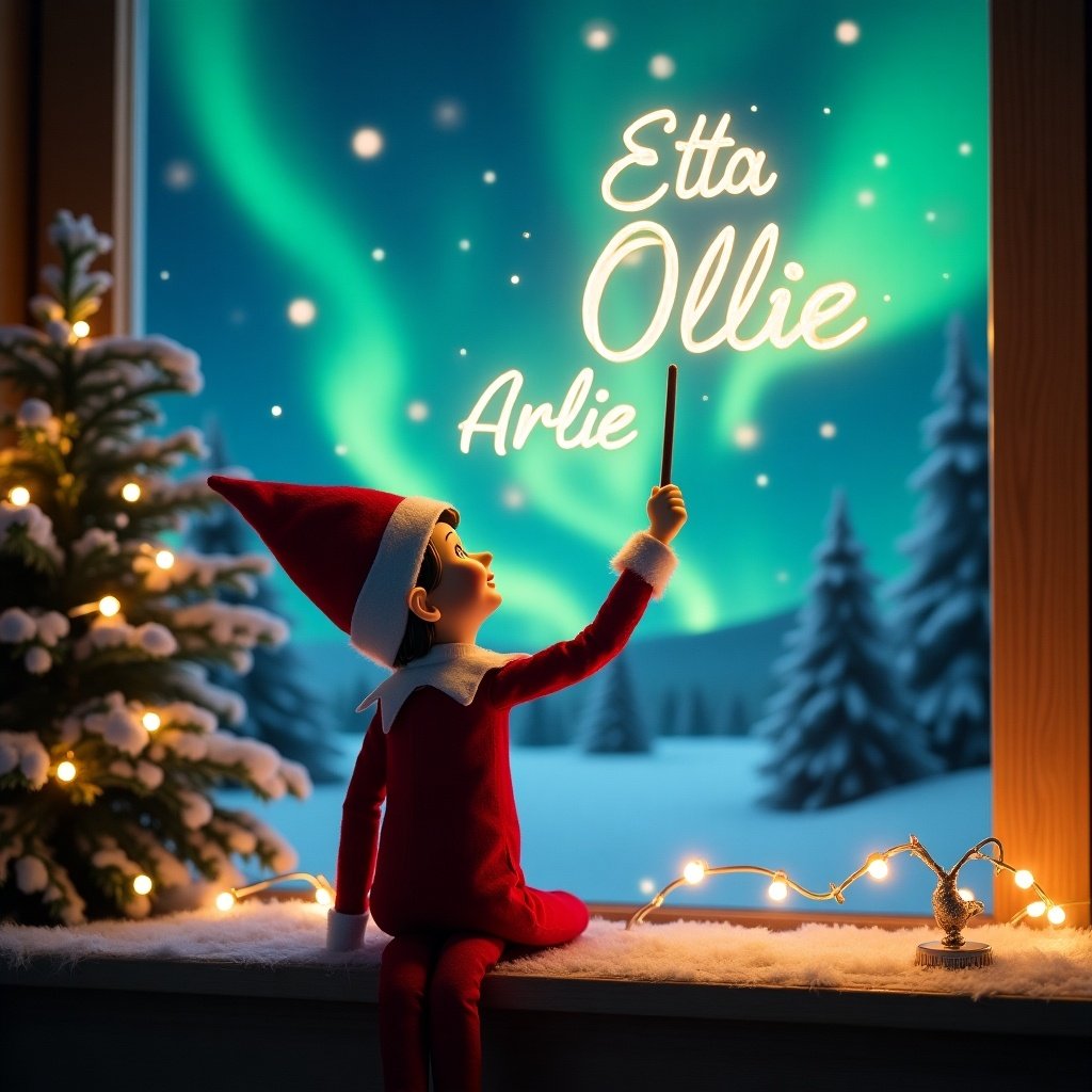 An enchanting Christmas scene showcases an elf on the shelf facing the viewer but looking toward the vibrant northern lights. This elf is dressed in classic red and white attire, holding a magic wand. Above him, in glowing script, he writes the names 'Etta', 'Ollie', and 'Arlie'. The backdrop features dazzling northern lights that create a magical atmosphere. Twinkling fairy lights enhance the festive feel of the scene, making it perfect for the holiday season. The overall composition evokes feelings of joy and wonder, highlighting the spirit of Christmas. The elf's action and position add to the excitement and whimsical nature of the moment.