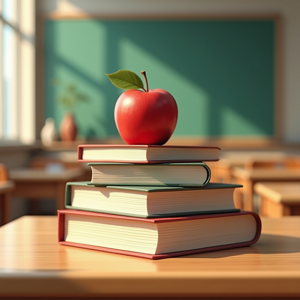 A red apple sits on top of a stack of books in a classroom.