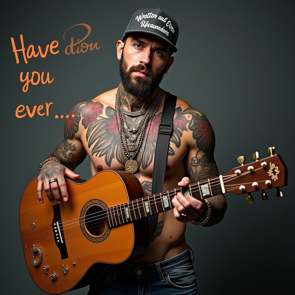 a tattooed man playing a guitar, wearing jewelry and a hat, with text saying 'Have you ever...', moody background