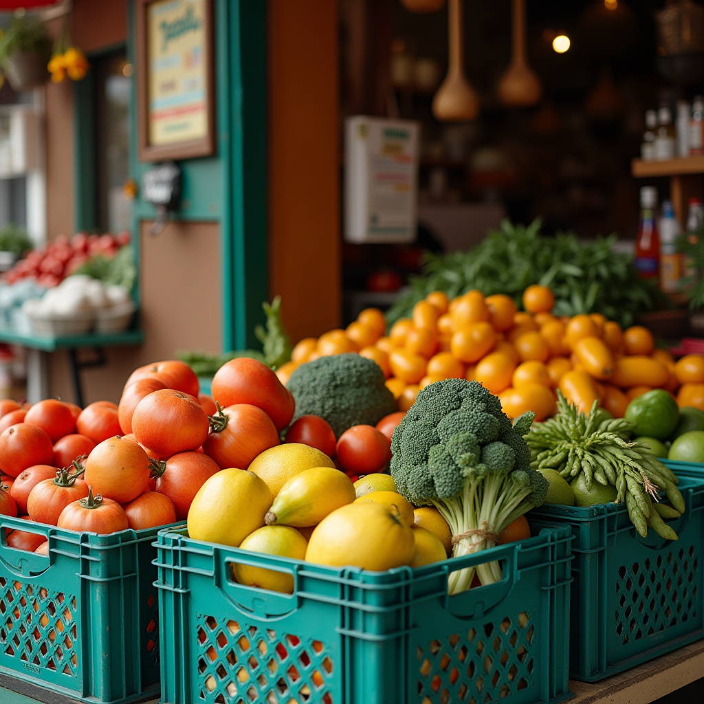 A colorful display of fruits and vegetables at a market stand.