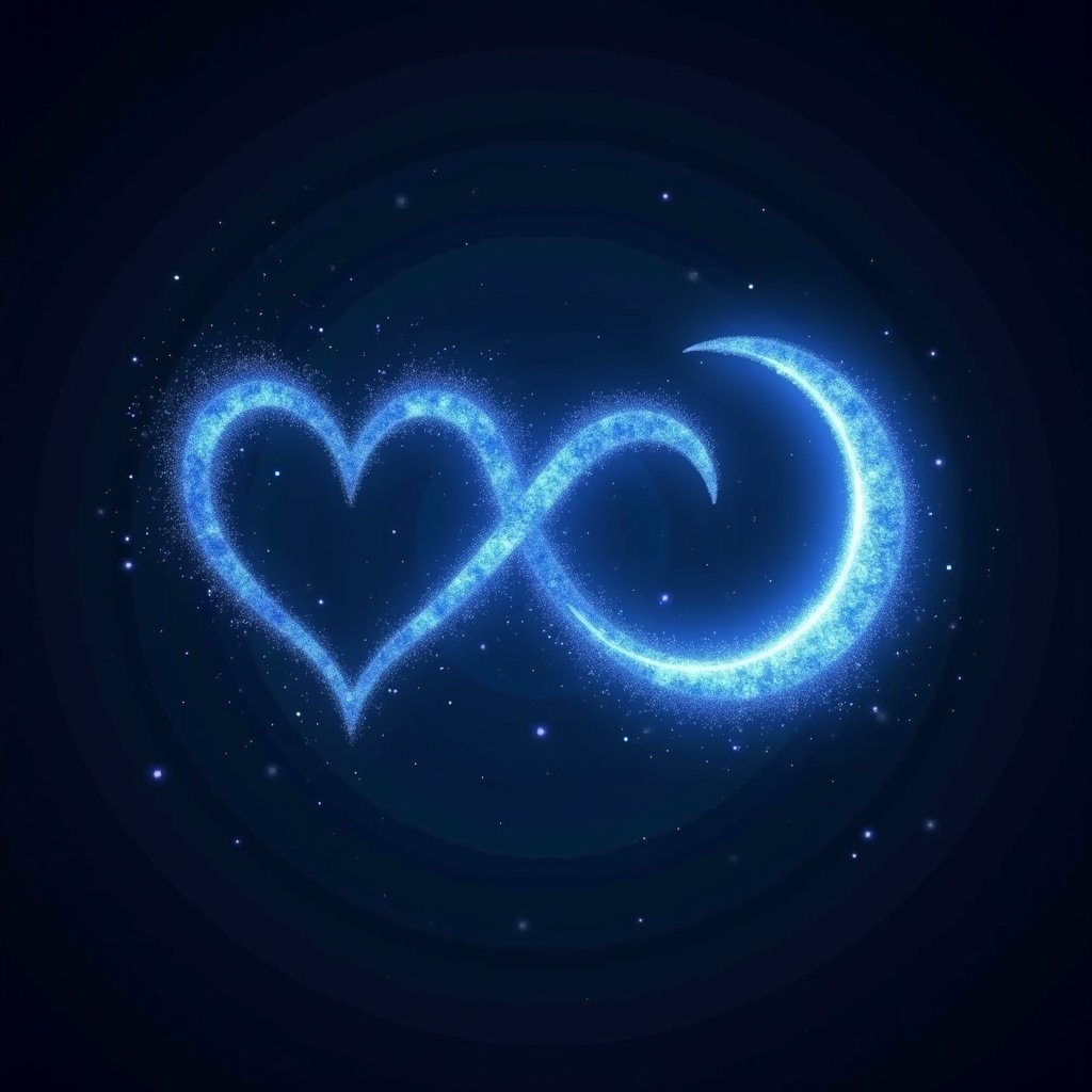 This image features a glowing blue infinity symbol created from digital particles. The design incorporates two hearts, representing eternal love, alongside a crescent moon tilted to the side. The overall appearance is vibrant and mystical, with a blue color palette that evokes a feeling of serenity. The elements combine to symbolize the concept of endless love and connection. Its abstract nature and luminous quality make it suitable for various artistic and romantic applications.