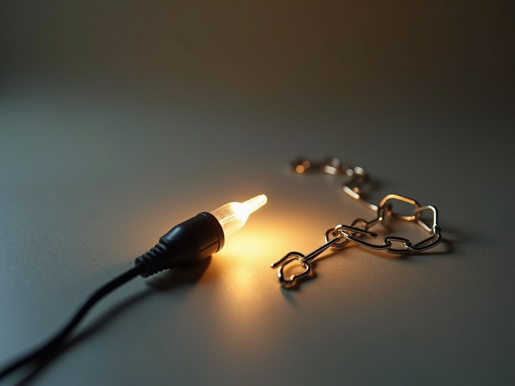 An unplugged wire lies against a soft, shadowed background. Only the tip glows faintly, casting a dim light that barely illuminates a few broken chain links nearby. This visual metaphor illustrates the struggle of breaking free from addiction. The soft hues enhance the feeling of introspection. The scene evokes a sense of hope amidst darkness, indicating a journey toward healing and liberation.