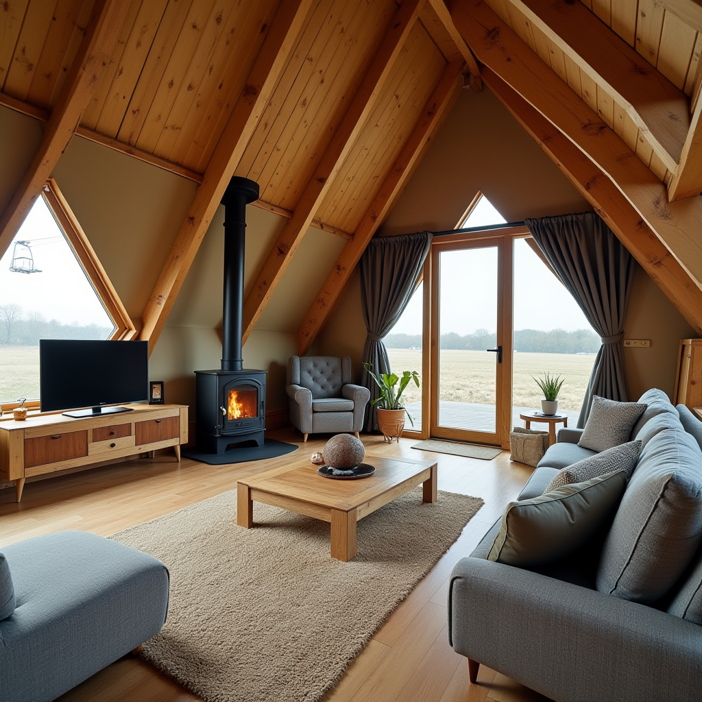 A cozy living room with wooden beams, a fireplace, and large windows overlooking a field.