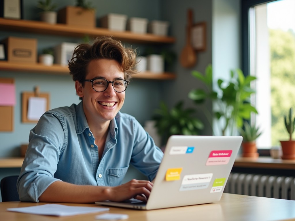 The image shows a young man with curly hair and glasses, seated at a desk with a laptop. He is smiling while working, creating an inviting and positive atmosphere. The workspace features plants, shelves with boxes, and a friendly, modern decor. The setting signifies a blend of productivity and comfort, ideal for remote work. The natural light from the window enhances the cheerful ambiance. Overall, the image embodies a creative and happy work environment.