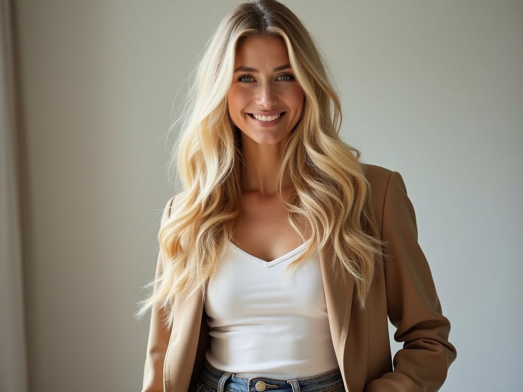 A woman with long blonde hair smiles warmly, wearing a casual-chic outfit consisting of a brown blazer, a white top, and jeans, standing in soft, natural indoor lighting.