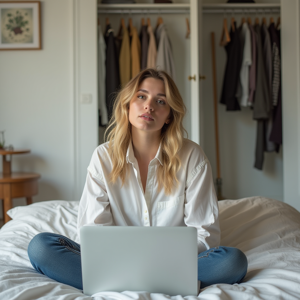 A person sits on a bed with a laptop, looking thoughtful, in a tidy room with an open closet behind them.