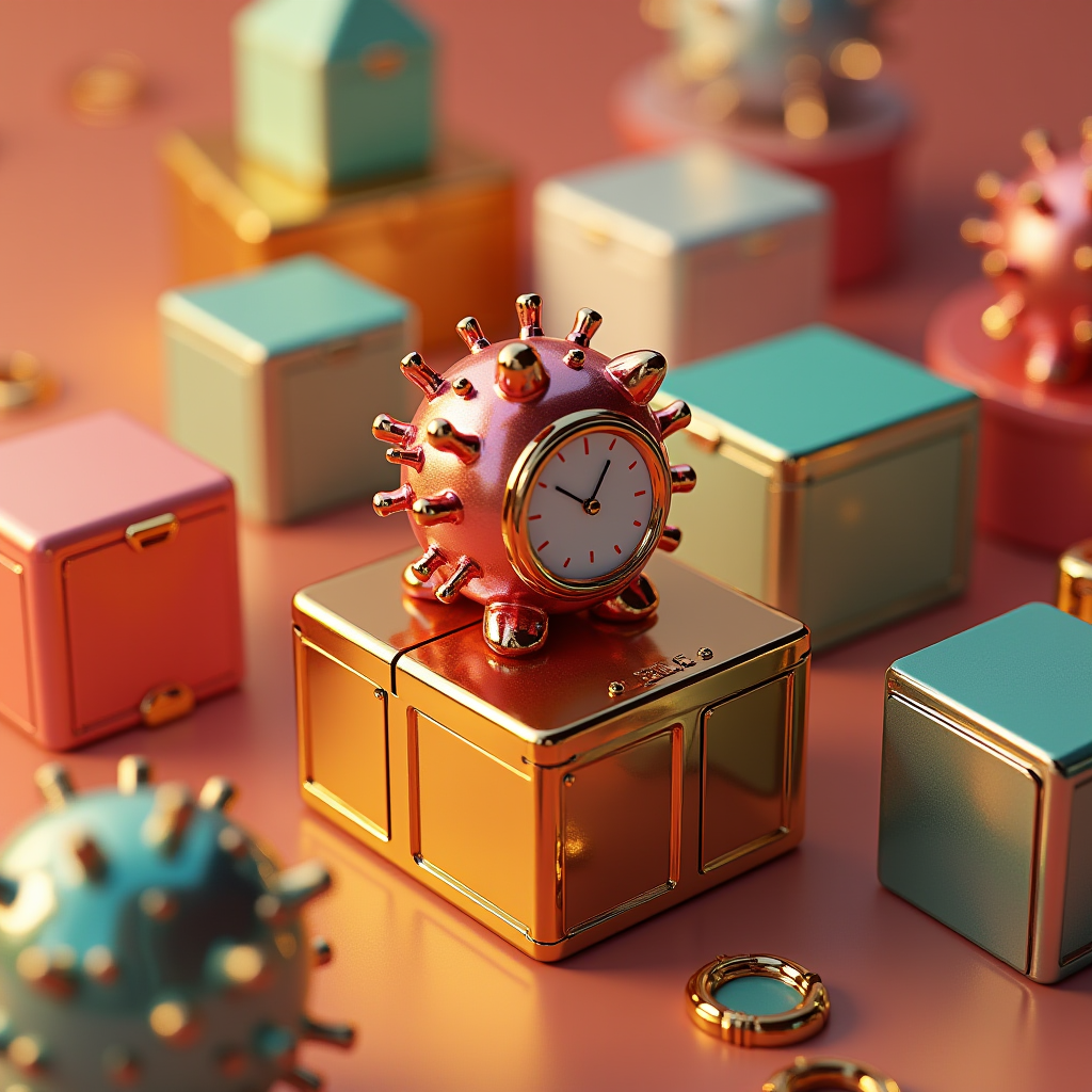 A pink and gold spiked clock sits on a golden box among colorful cubes.