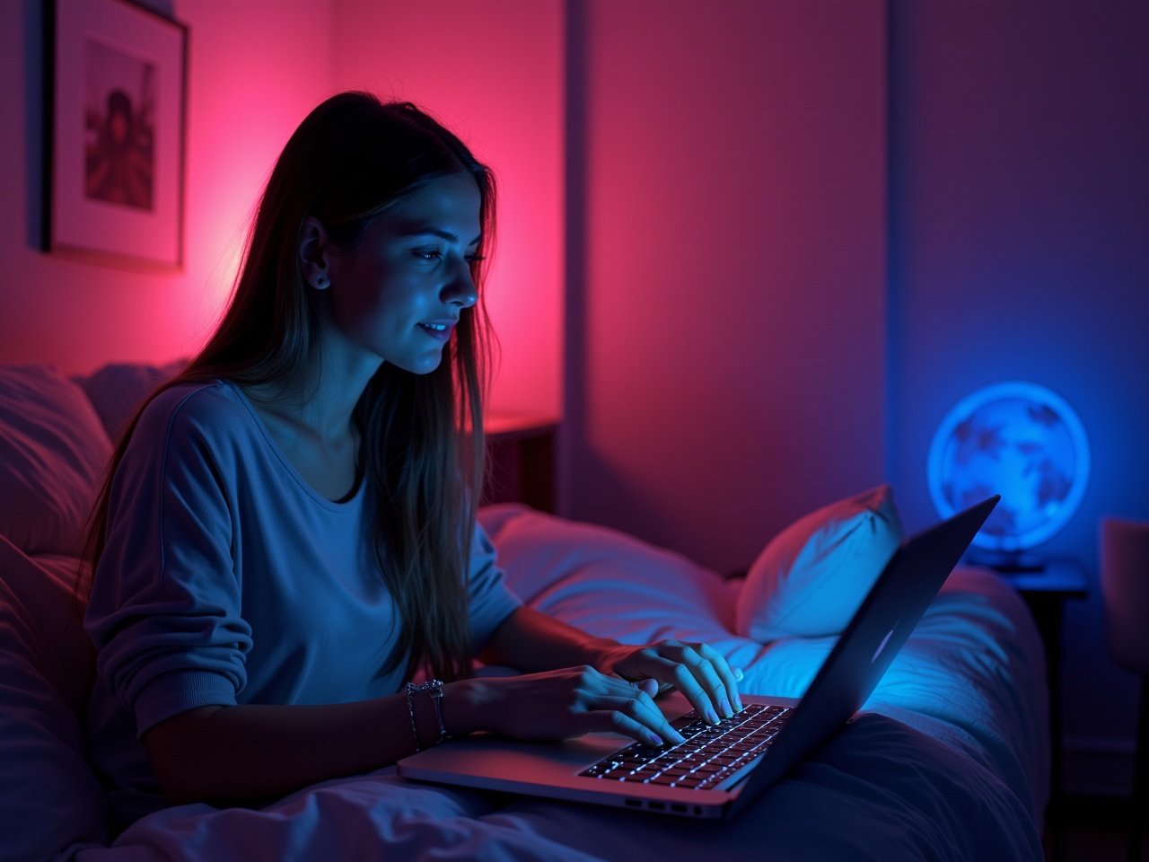 A young woman is sitting in bed, using her laptop. The room is softly illuminated with pink and blue lights, creating a cozy and inviting atmosphere. She is focused on her screen, suggesting that she might be working or studying. The bedding is neatly arranged, and a globe is visible in the background, adding a touch of detail. The overall mood is calm and relaxed, perfect for a night of productive work.