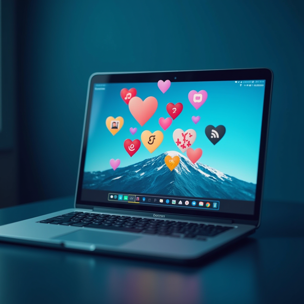 A laptop screen displaying colorful heart icons floating over a mountain wallpaper.