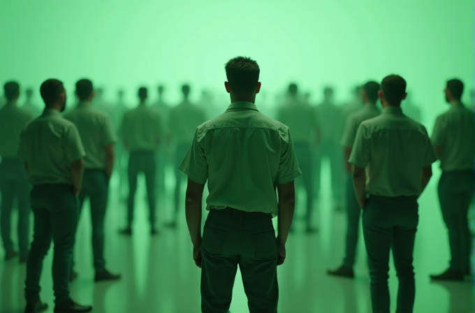 A group of identically dressed individuals stand uniformly in a green-lit environment.